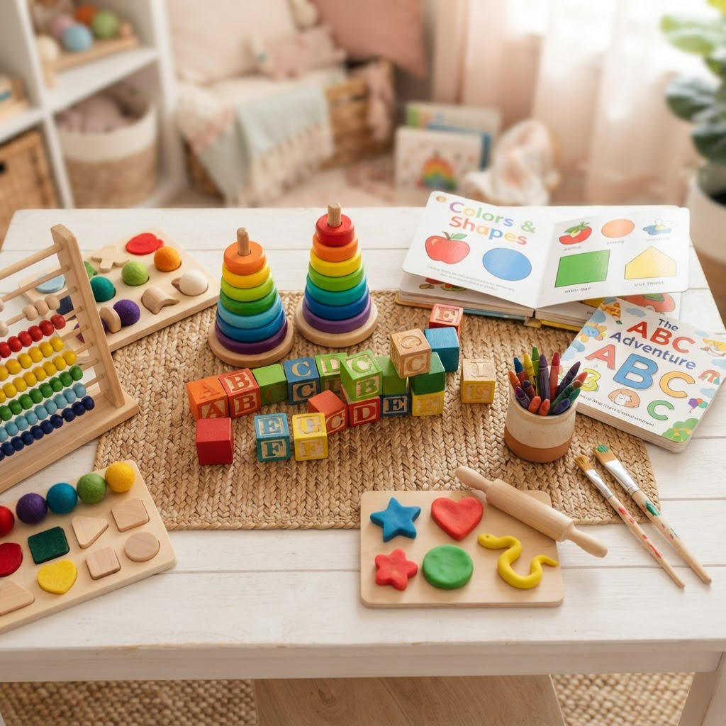 Educational wooden toys and alphabet blocks arranged on a table