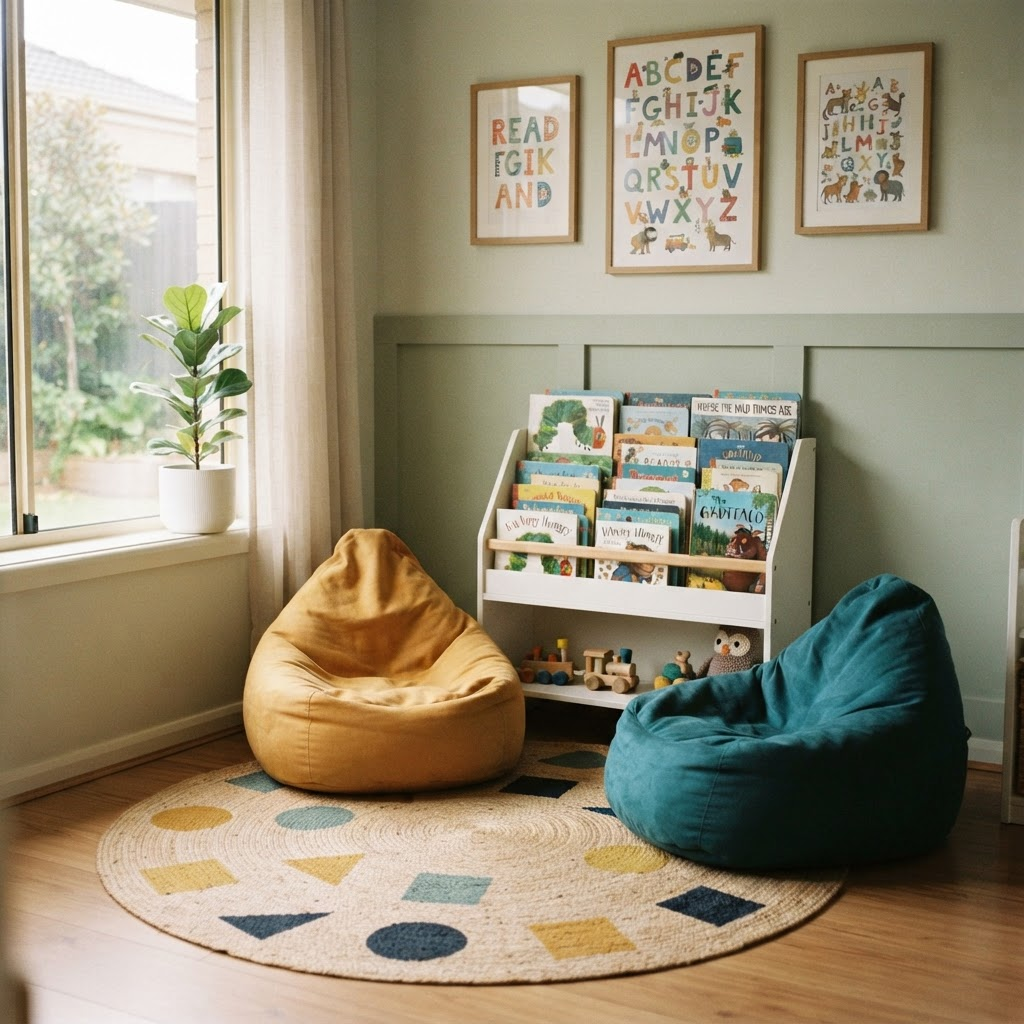 Cosy reading corner with colourful books and soft bean-bag chairs in a family day care setting