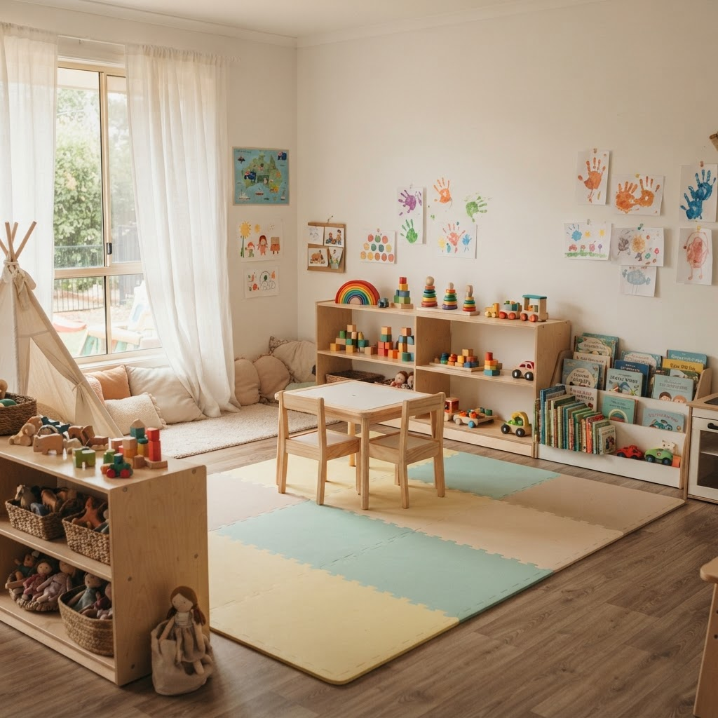 Bright, colourful family day care playroom with wooden toys and books