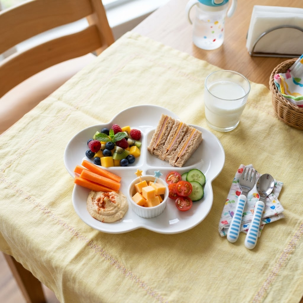 Healthy children's meal with fruit, sandwich fingers and carrot sticks
