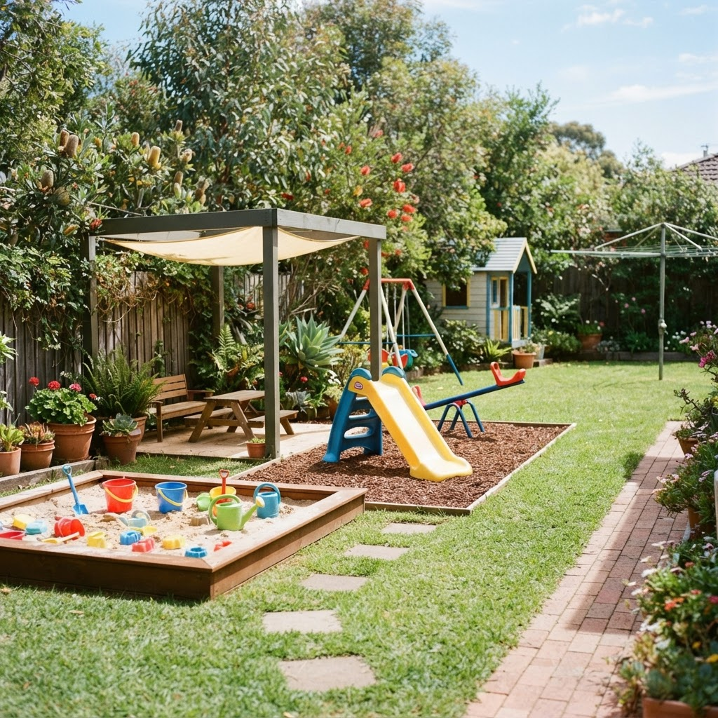 Safe backyard play area with a slide and sandpit for children